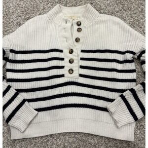 Sezane Ivory and Black Striped Button Henley Sweater
